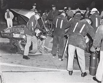 (AUTOMOTIVE WRECKS) A group of approximately 63 photographs depicting catastrophic car collisions, including two images of airplane cra